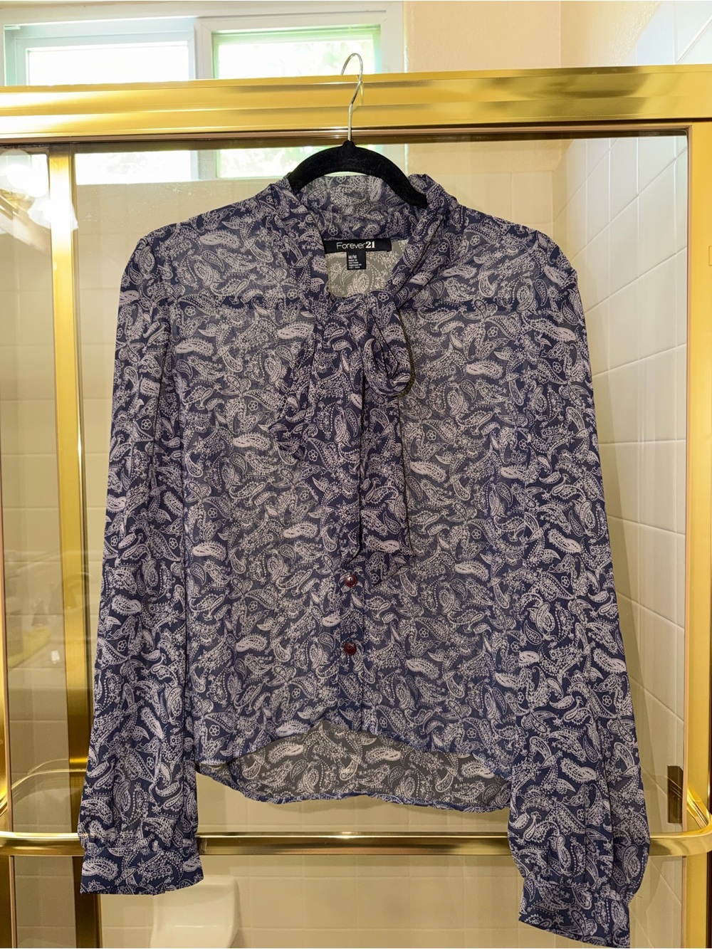 Forever 21 Blue Paisley Tie-Neck Blouse